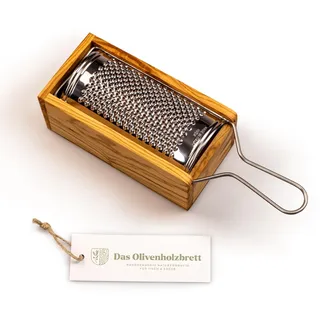 DAS OLIVENHOLZBRETT® / Parmesanreibe/Hartkäsereibe mit Behälter aus Olivenholz/Pamesanreibe aus Holz (incl. Reibe 23cm)