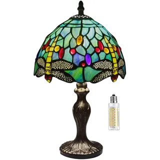 MIAOKE Stained Glass Lamp Style Tischlampe, VintageTischlampe Handcraft Glasmalerei Lampenschirm Tischlampen für Schlafzimmer Nachttischlampe Arbeitszimmer Office (Grüner Drachenfliege)