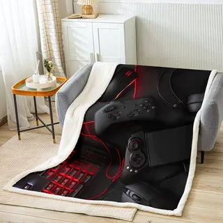 Schwarz Gamepad Decke 150x200cm Jungen Teenager Spiel Thema Kuscheldecke Modern Spiel Regler Schwarz Rot Spieler Dekorativ Wohndecke Polyester für Kinder Männer Flanell Fleecedecke