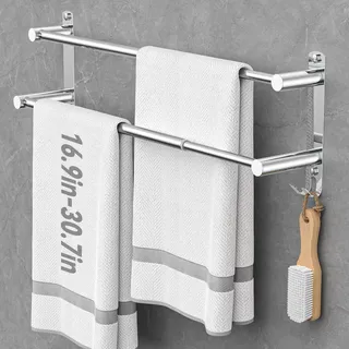 Handtuchhalter Ausziehbar 43-74CM ohne Bohren Edelstahl doppelt handtuchstange Bad Wand kleben badetuchhalter wandmontage (Silber 2-Bar)