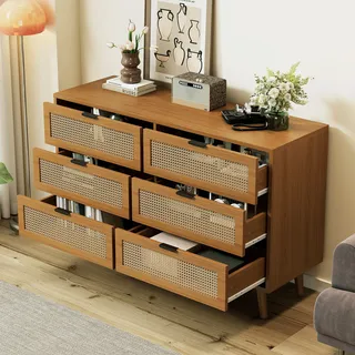 okwish Kommode Sideboard mit 6 Schubladen und Metallgriffe, Nussbaum Highboard Schubladenschrank Schubladenkommode für Schlafzimmer, Wohnräume, Büro, B120/H76.5/T40 cm - Braun