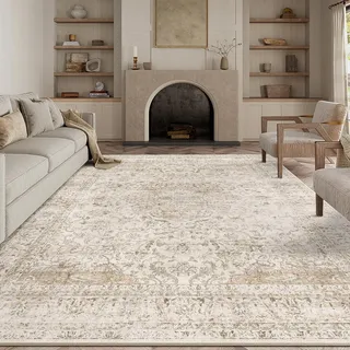 HUGEAR Vintage Teppich Wohnzimmer 200x300cm Beige Waschbar | Waschbarer Retro Teppich,Weich,Rutschfest Kurzflor,Groß,für Wohnzimmer,Schlafzimmer, Esszimmer,Büro,Carpet,Teppiche