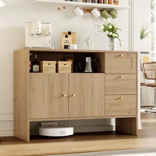 Merax Sideboard Kommode, Küchenschrank mit Rattanfront, 2 Türen, 3 Schubladen, Stauraumschrank für Wohnzimmer & Küche, 105x40x76 cm, Natur - Naturbelassen
