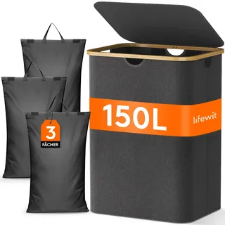 Lifewit 150L Wäschekorb mit Deckel, Wäschesammler 3 Fächer, Wäschebox Groß,Wäschesortierer, Wäschetonne,Wäsche Sortieren, Wäschebehälter,Laundry Baskets für Wäschekammer, Bad, Schlafzimmer,Dunkelgrau