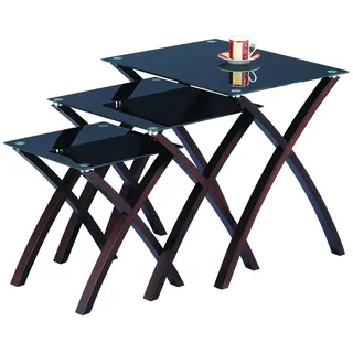 Miami Set / 3 Satztisch-schwarzem Glas, Massivholz-Beine