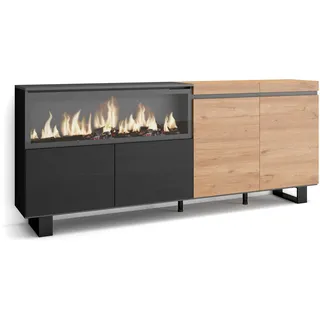 Skraut Home | Sideboard, Highboard | Kommode, Komodenschrank | 210 | 4 Türen | Elektrokamin XXL | Industriedesign | Moderner Stil | Eiche Schwarz