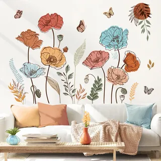 decalmile Wandtattoo Große Boho Blumen Wandaufkleber Schmetterling Retro Blumen Pflanzen Wandsticker Wohnzimmer Schlafzimmer Büros Wanddeko