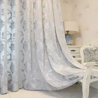 Vintage Gardinen Halbtransparent Ösen 3D Tufted Barock Muster Ösenvorhang | Grau Vorhäng Transparent Lichtdurchlässig Blumenmuster Ösenschals für Schlafzimmer Wohnzimmer 2er Set 140x175cm