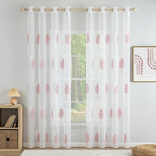 MIULEE Gardinen Transparent mit Rosa und Weiß Blätter Muster, Ösen Gardinen 160 cm Hoch, Modern Gardinen Wohnzimmer 2er Set, Stickerei Fenster Ösenvorhang Kurze, Schlafzimmer Gardinen