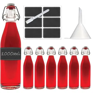 Bügelflasche Bügelverschlussflasche leere Glasflasche mit Bügelverschluss Weinflasche Schnapsflasche Essig Öl Glasflaschen von slkfactory- 6 x 1000ml, durchsichtig