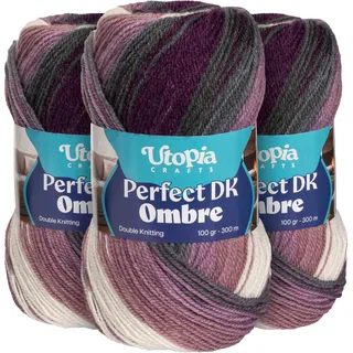 Utopia Crafts DK Wolle Ombre 3er Pack - 3x100g Weiches Acrylgarn, 900m Gesamt, Multicolor Farbverlauf zum Stricken und Häkeln, Oeko-Tex 100 Zertifiziert, Nadel 3,75-4,5mm (004)