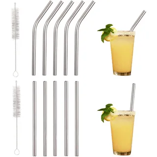 Fukaisu 10stk Kurze Wiederverwendbare Edelstahl-Strohhalme, 13cm 5 Gerade und 5 Gebogene Metall-Strohhalme mit 2 Reinigungsbürsten für Kaffeetassen Kleine Gläser und Cocktails