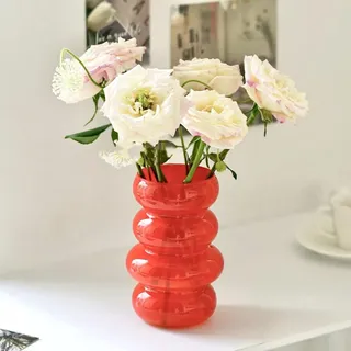 BLOFLO STU Farbige Glas-Hydrokultur-Blumenvase, 17,8 cm, Orange, Geometrisch mit Wellen und Blasen, Vierschichtige Glasvase für Heimdekoration, Modern, Freistehend, Indoor, Hydroponic, Dried Flowers