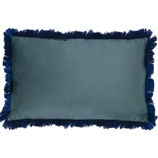 DRW Rechteckiges doppelseitiges Kissen aus Samt mit Reißverschluss in Blau und Fransen in Blau, 50 x 30 cm