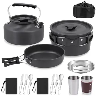 BILIPLE Camping Kochgeschirr Set Outdoor Geschirr Set Faltbare Kochtopf Set Stieltopf Pfanne Teekanne für Outdoor Picknick Camping Wandern (14-teiliges)