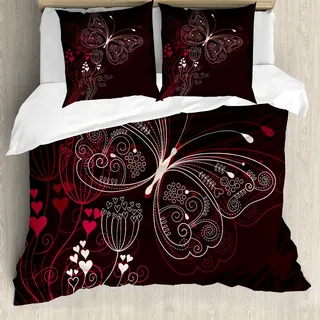 ABAKUHAUS Romantisch Bettbezug, Blumenherz-Muster, Milbensicher Allergiker geeignet mit Kissenbezügen, 155 cm x 220 cm - 80 x 80 cm, Maroon Red Beige - Beige