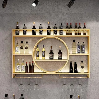 Goldene Wandmontierte, schwebende Bar-Einheit, modernes Glasregal und Eisen-Präsentationsständer, stilvolle hängende Weindekoration für Zuhause, Bar und Esszimmer