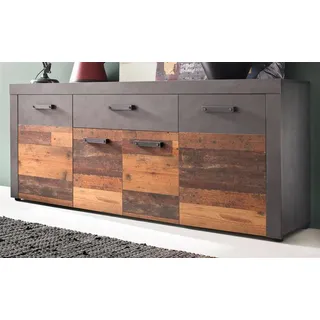 Niedriges INDY-Sideboard mit 4 Türen und 1 Schublade – Altholz und mattgraues Melamin – 178 x 40 x 77 cm - Grau