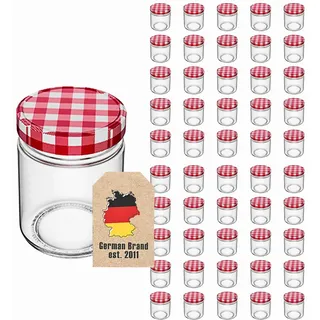 INTIRILIFE 50er Set Einmachgläser 240 ml max 200 ml optimal – Marmeladengläser mit rot weiß kariertem Schraubdeckel 9.5 x 6.5 cm Sturzgläser Vorratsgläser Honigglas Dessertglas, 50 Stück