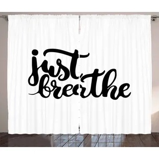 ABAKUHAUS Just Breathe Rustikaler Gardine, Hand gezeichnet Schriftart, Schlafzimmer Kräuselband Vorhang mit Schlaufen und Haken, 280 x 175 cm, Weiß Schwarz