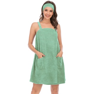 Jamron Damen Verstellbarer Handtuch Wickel Bademantel mit Stirnband für Sport, Dusche, Spa & Strand Cover Ups Grün XL