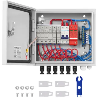 Vevor PV-Combiner-Box, 6-String, Solar-Combiner-Box mit 10 A Nennstromsicherung, 63 A Leistungsschalter, Blitzableiter und Solaranschluss, Stahlgehäuse für On-/Off-Grid-Solarpanelsystem, IP65