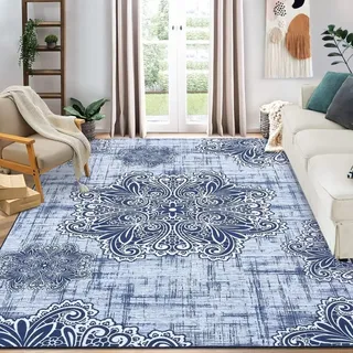 Auton Waschbare Teppiche, Weiche rutschfeste Teppiche für Wohnzimmer Niedriger Flor Orientalischer Blumen Teppich dünne Innenteppiche für Bauernhaus Schlafzimmer Esszimmer Büro 80 x 150 cm Blau