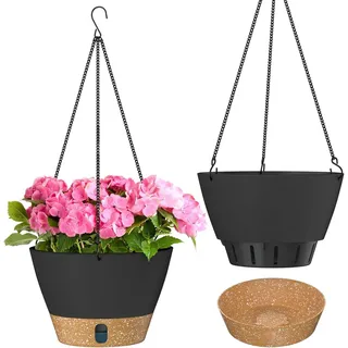 ZMTECH Hängetopf für Pflanzen, 20cm Blumentopf Ampel Hängend, Kunststoff Hänge Blumentopf mit Untersetzer für Außen Draußen Deko für Garten Balkon Wohnzimmer(2er-Set, Dunkelgrau)