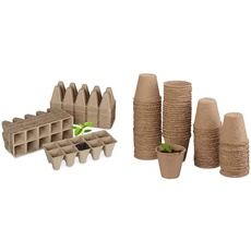 Relaxdays Anzuchttöpfe 24er Set, Anzuchtplatten für 240 Setzlinge, 5,5x22x8,5cm, Natur & Anzuchttöpfe im Set, biologisch abbaubar, 80 Stück Pflanztöpfe, Zellulose, rund, 8 cm, beige, 8 x 7.5 x 7.5 cm