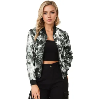 Allegra K Damen Bunt Blouson Frühling Sommer Bomberjacke Blumenmuster Reißverschluss Jacket Grau XS