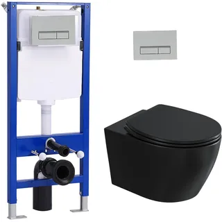 Pack WC Vorwandelement Set + Matt Schwarz Hänge WC Toilette + 114 cm Unterputzspülkasten mit Rechteckig Chrome Drückplatte HOROW - Schwarz