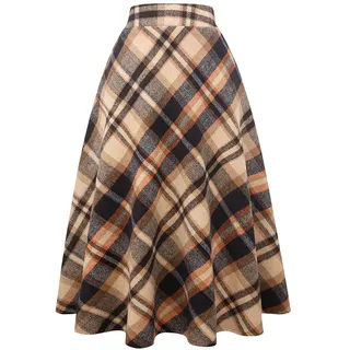 IDEALSANXUN Damen Maxirock mit hoher elastischer Taille, A-Linie, kariert, Winter, warm, ausgestellt, Langer Rock, Langes Braun, Mittel