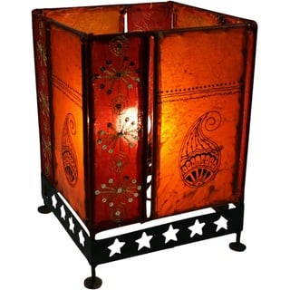 GURU SHOP Hennalampe, Lederleuchte, Saree Tischlampe/Tischleuchte - Modell Chennai, 30x20x20 cm, Orientalische Tischlampen