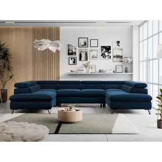 MKS Meble Wohnzimmersofa U-form, Eckcouch, Schlaffunktion und Bettkasten - PETER U - Velvet - Dunkelblau - Blau