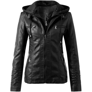 Generisch Lederjacke Damen Kunstleder Jacke Damen Lederjacke Mit Kapuzen, Langarm Kapuzenjacke Motorrad Jacke Slim Fit Hoodie Mantel Reißverschluss Streetwear Frauen Übergangsjacke Mehrfarbig,XS-7XL