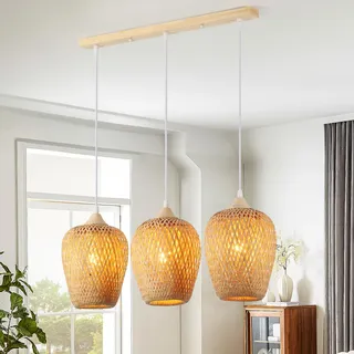 Schindora Pendelleuchte Esstisch Boho,Bambus Und Holz KüChe Lampenschirm Handgewebt Vintage Lampe Dekor 3-Licht HäNgelampe FüR Schlafzimmer Kronleuchter Wohnzimmer