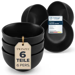 Steingut Müslischalen Set für 6 Personen - 6-teiliges Schüssel Set in Matt-Schwarz, Kleine Schüssel, Mikrowellengeeignet - Twinzee Ebony Collection