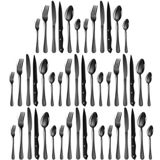 Besteck Set 8 Personen, 48 Stück Cutlery Set Lebensmittelqualität Camping Essbesteck Edelstahl Gabel Messer Löffel Tafelbesteck Küchen Tafelbesteck, Spiegelglanz, Spülmaschinenfest (Schwarz)