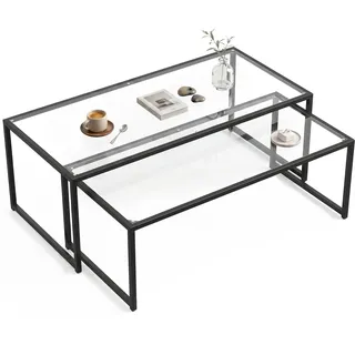 HOMCOM Couchtisch 2er-Set Stapelbar mit Tischplatte aus Glas Schwarz | Beistelltisch, Rechteckig Kaffeetisch, Satztisch, Wohnzimmertisch, Glastisch für Schlafzimmer, Wohnzimmer
