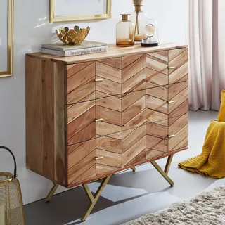 Massivholz Schubladenkommode FineBuy 90cm Akazie Natur Kommode mit 3 Schubladen Sideboard Metall gold - Braun