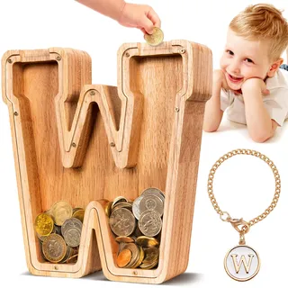 Summidate Spardose für Kinder Junge, Personalisiert Holz Großes Sparschwein, Unzerbrechliches Buchstabe A-Z Sparbüchse für Kinder Mädchen, Erwachsene, Geschenk&Dekoration