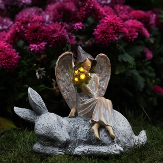 Lewondr Engel Gartenstatuen, Sympathie Solar Gartendekoration mit warmem Licht, wasserdichte Engel Figur mit Kaninchen Blumen für Innen & Außen, Skulptur Engel Deko für Rasen, Hof, Terrasse, Grab