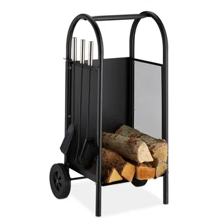 Relaxdays Kaminholzwagen Stahl 42 x 37 x 81 cm mit Besteck Schwarz
