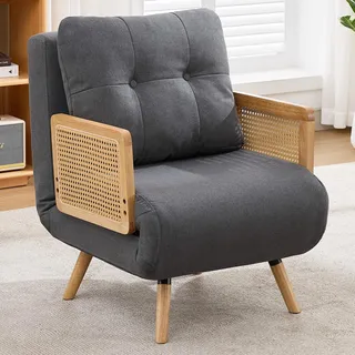 Merax 3-in-1 Schlafsessel, Klappsessel mit Schlaffunktion, Relaxsessel Gästebett, 5-fach verstellbare Rückenlehne, Rattan Armlehnen, Linen, Grau - Grau