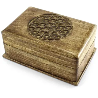 Budawi® Holzbox Trickbox aus Mangoholz Motiv Blume des Lebens Schatulle mit Trick zum Öffnen Holztruhe Holzkiste Trickbox