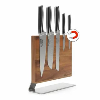 Les Plaisirs du Chef Magnetischer Messerblock aus Akazienholz mit Edelstahlbasis – Edles Design Messerhalter für bis zu 8 Messer – Hygienisch, Stabil & Stilvoll – Premium Küchenaccessoire