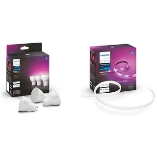 Philips Hue White & Color Ambiance GU10 Dreierpack 3x350lm & White & Col. Amb. Lightstrip Plus 2m Basis, 1600lm, 16 Mio. Farben, steuerbar via App, kompatibel mit Amazon Alexa (Echo, Echo Dot)