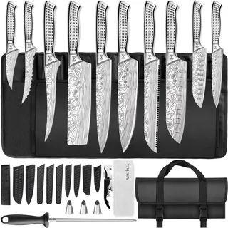 Küchenmesser Set 17-teilig mit Tasche & Wetzstahl | Edelstahl | Kochmesser, Santoku, Brotmesser, Tranchiermesser, Nakiri, Ausbeinmesser, Universalmesser, Tomoto, Schälmesser, Messerschärfstab, Fingerschutz, Messerscheide