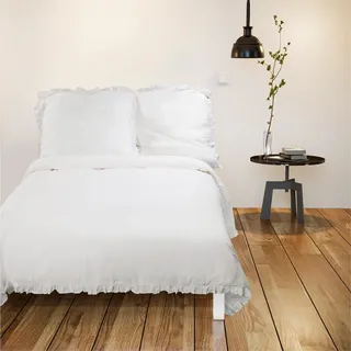 JEMIDI Bettwäsche mit Rüschen Set - 220 x 240 cm Deckenbezug - Doppelbett Set weiße Bettwäsche - Vintage Deckenbezug und Kopfkissenbezug - Weiß