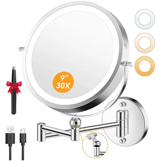 Auxmir 9" Kosmetikspiegel mit Beleuchtung, 5000mAh Wiederaufladbar Schminkspiegel mit 1X/30X Vergrößerung, Höhenverstellbar Rasierspiegel mit 3 Farben, 360° Drehbar, Wandspiegel für Badezimmer & Hotel